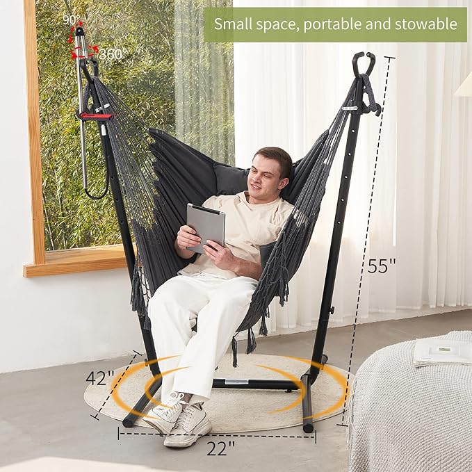 Hammock with Stand Phone Holder Included Double Hanging Chair Macrame Boho Handmade Adjustable Swing Indoor Outdoor Patio Yard Garden Porch 400lbs Capacity (2022 Grey)