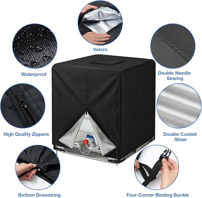 NEVERLAND IBC Tote Cover 275 Gallon 420D Heavy Duty Outdoor Water Tank Cover with Half Zipper &amp Top Velcro Opening UV &amp Waterproof Protection Fits 1000L IBC Tote