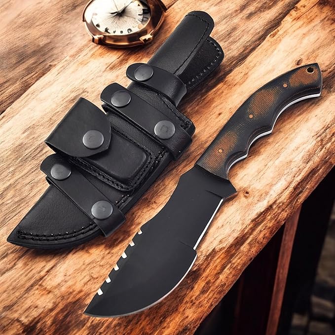 Poshland Handmade D2 Steel Tracker Knife Fixed Blade Survival Camping TacticaBlack Tracker Design with Horizontal Carry Leather Sheath Durable Outdoor Knife for Adventurers