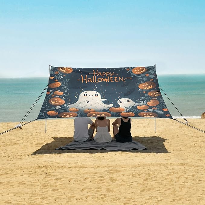 ALAZA Halloween Pumpkin Beach Tent Sun Shelter UPF50+ Protection Beach Shade Canopy w/ 4 Sandbags for Outdoor Camping Fishing Backyard Fun Picnic 10x9 ft