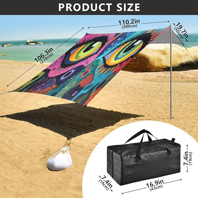 Artistic Eyes Beach Tent Sun Shelter Set UPF50+ UV Protection 10.5 x 9.19 FT Camping Shade Canopy with Sandbags Sand Anchors Carrying Bag and Others