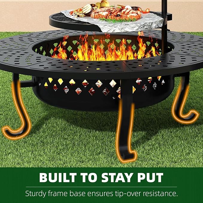 43 Inch Fire Pit with 2 Grill Outdoor Wood Burning Firepit with Lid Metal Round Table for Backyard Patio Garden Picnic Camping Bonfire