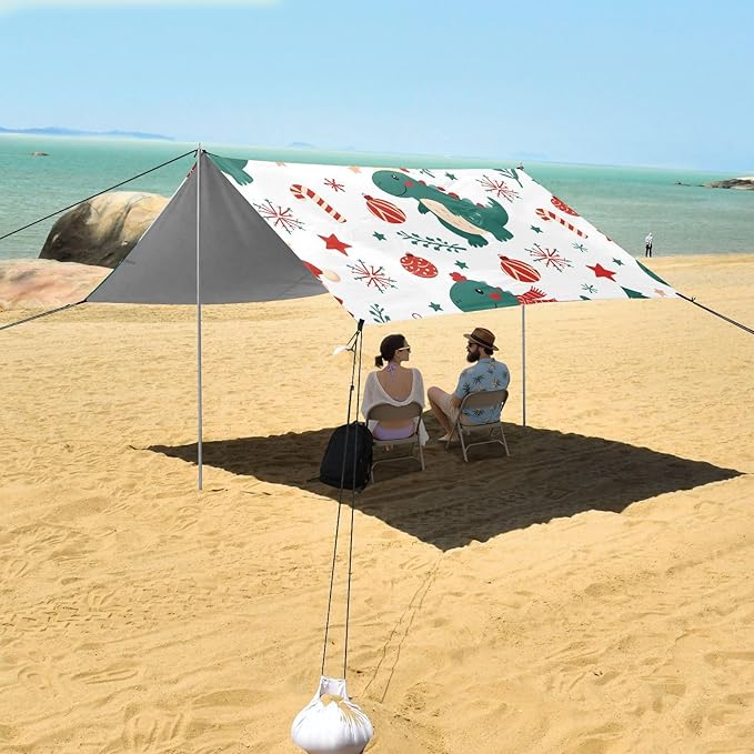 ALAZA Dinosaur Christmas Pattern Beach Tent Sun Shelter Portable Canopy Sunshade for Outdoor Camping Picnics Backyard Fun 10x9 ft
