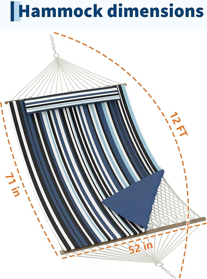 2 Person 12FT Hammocks for Outside Double Quilted Fabric Outdoor Hammock with Spreader Bar Large Removable Pillow Storage Pockets Carabiners Max 450 Lbs Capacity
