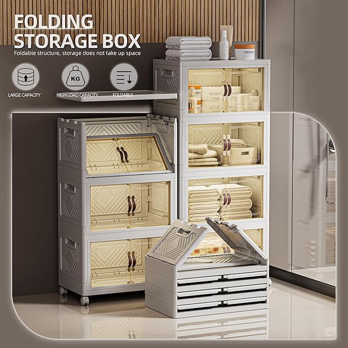 268 QT / 67 Gal White Storage Bins with 1 Lid - Collapsible Stackable Cabinet Organizer w/Wheels &amp Magnetic Doors Plastic Storage Box for Office Closet Organization