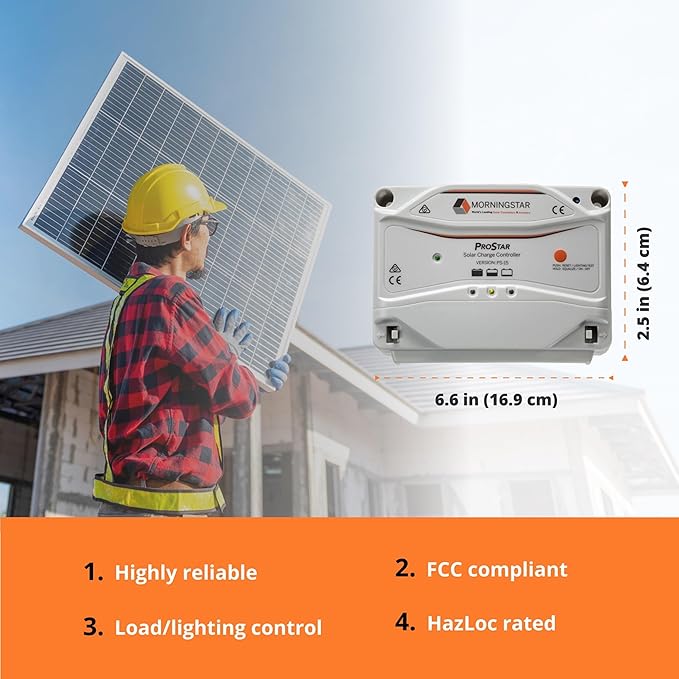 Morningstar Prostar 15A PWM Solar Charge Controller (PS-15) - Intelligent Solar Panel Regulator Supports 12V/24V LA/Lithium Batteries LVD/Lighting Control HazLoc Rated Low Noise - Designed in USA
