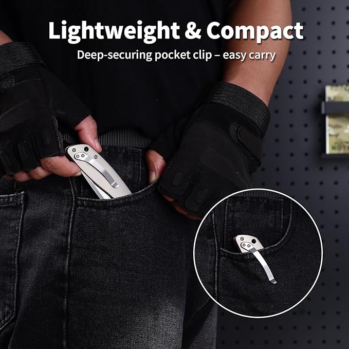 3.34 D2 Steel Folding Knife with Titanium Handle - EDC Pocket Knife with Clip for Men &amp Women Compact Daily Carry Utility Tool PK-T001