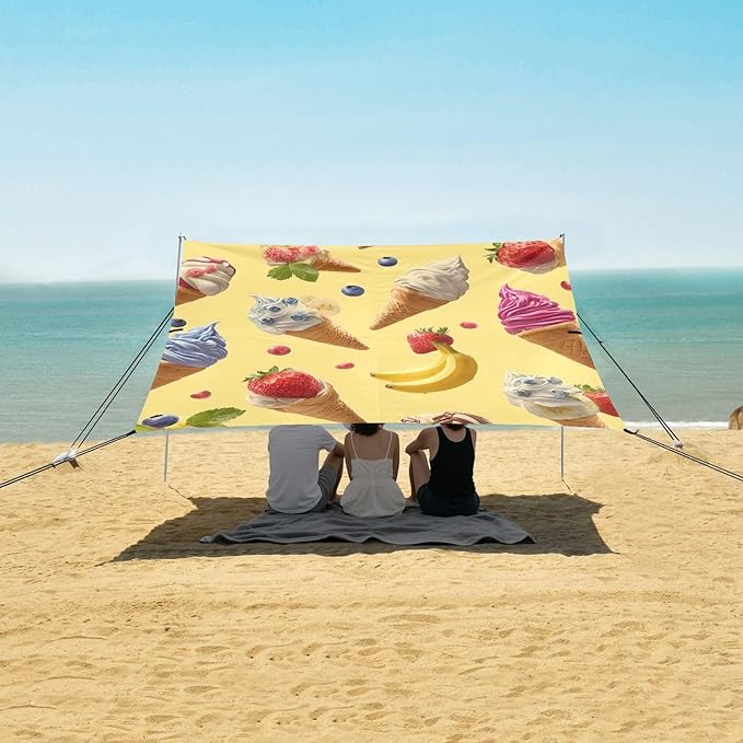 ALAZA Ice Cream Banana Strawberry Pattern Beach Tent Sun Shelter Portable Canopy Sunshade for Outdoor Camping Picnics Backyard Fun 10x9 ft