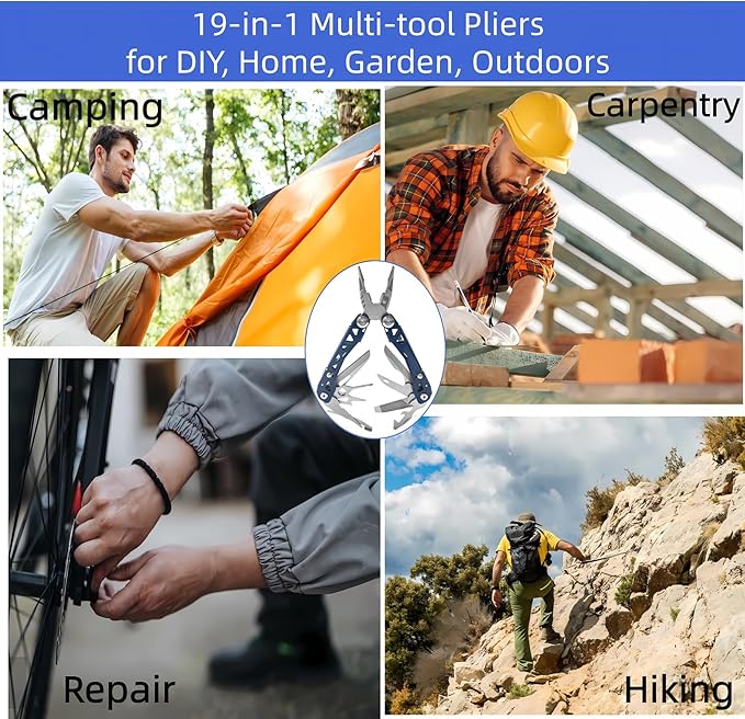19-in-1 Mutitool Stainless Steel Multi-functional Pliers with Screwdrivers Foldable Multitools with Scissors and Sheath Ideal for CampingSurvivalRepair Great Gifts for Men(Blue)