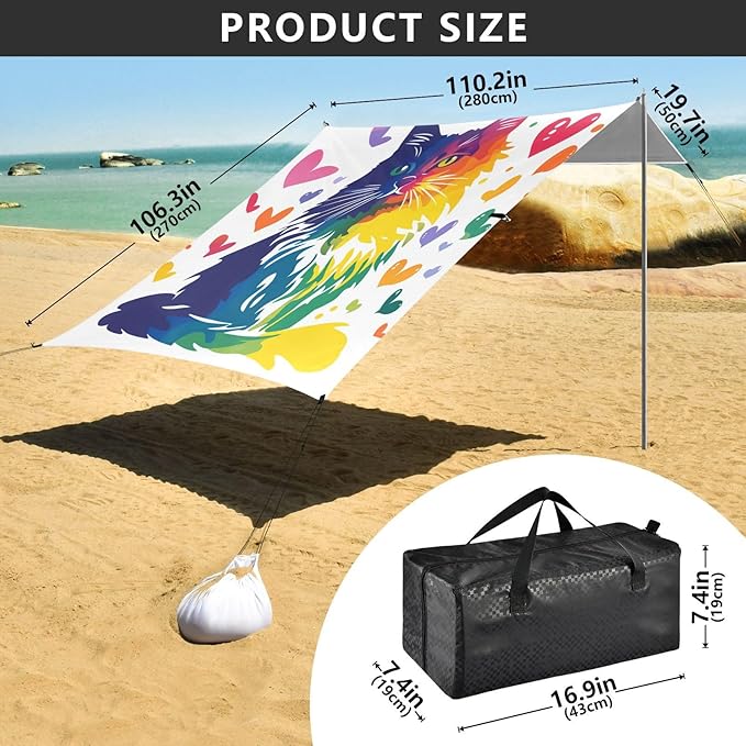 Rainbow Cat Heart Foldable Beach Tent UPF50+ Protection Easy Setup Portable Sun Shelter with Sandbags &amp Sand Shovel for Backyard and Camping