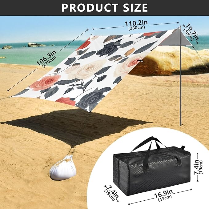 ALAZA Spring Roses Flower Beach Tent Sun Shelter Portable Canopy Sunshade for Outdoor Camping Picnics Backyard Fun 10x9 ft