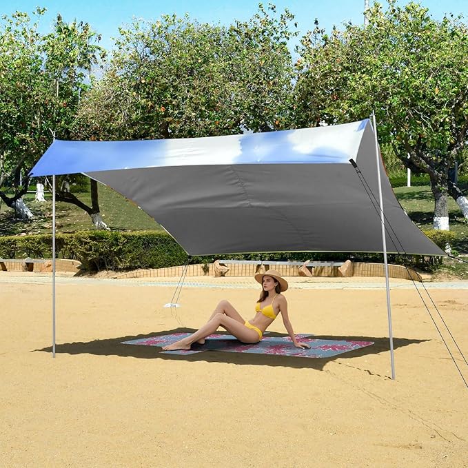 Beach Canopy with Windproof Ropes &amp Sandbags Beach Tent Sun Shade Sun Shelter for Camping Trips Fishing Backyard Fun or Picnics Autumn Landscape