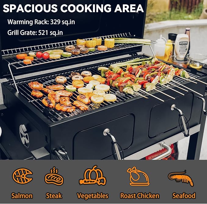 ONLYFIRE GRILLS Large BBQ Charcoal Grill with Cart &amp 2 Liftable Charcoal Trays 794 SQ.IN Cooking Area Heavy Duty Outdoor Barbecue Grill with Foldable Side Tables Wheels &amp Cover GS339