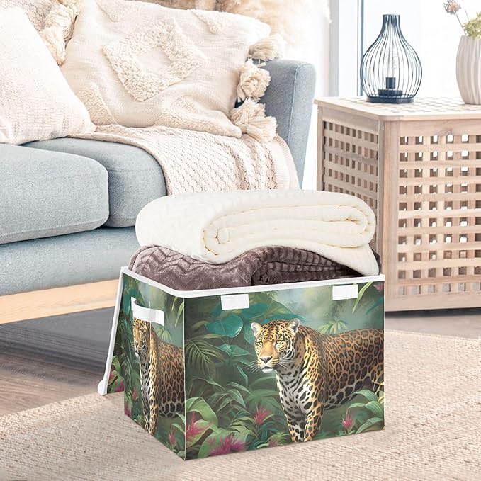 Leopard in Jungle Storage Cube with Lid Collapsible Flip-top locker Fabric Storage Bins Basket with Handle for Home Bedroom Closet Office 16.5×12.6×11.8 in