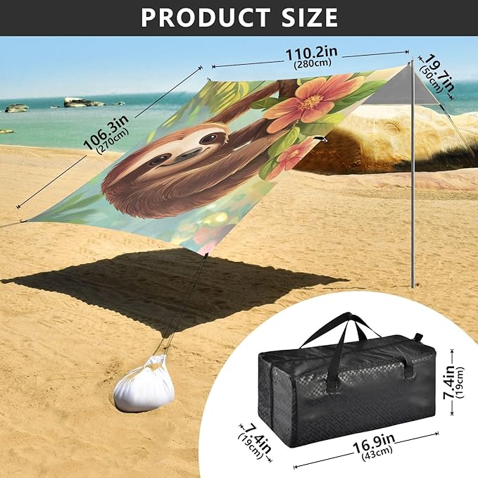 ALAZA Cartoon Sloth Hang on The Tree Floral Beach Tent Sun Shelter Portable Canopy Sunshade for Outdoor Camping Picnics Backyard Fun 10x9 ft