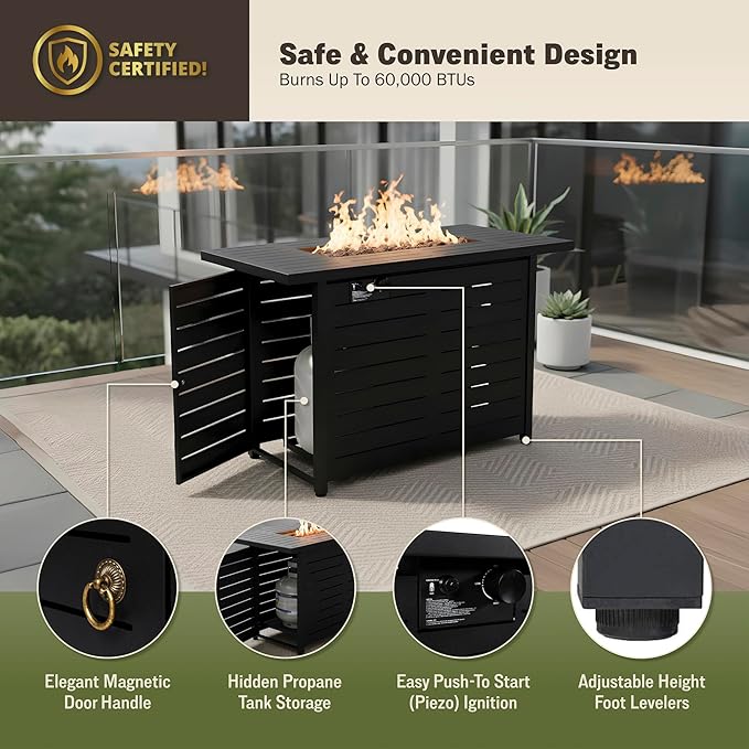 Kinger Home 42-Inch Ore Outdoor Propane Fire Pit Table 50000 BTU Powder-Coated Stainless Steel Patio Firepit with Lava Rocks Black