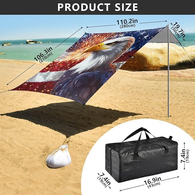 ALAZA Independence Day Flag with Eagles Firework Beach Tent Sun Shelter Portable Canopy Sunshade for Outdoor Camping Picnics Backyard Fun 10x9 ft