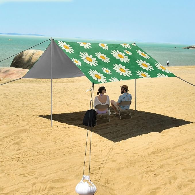 xigua Daisy Beach Tent Sun Shelter with Carrying Bag - Silver Coated Oxford Fabric Beach Canopy for Beach Camping Fishing - Includes Windproof Ropes Sandbags &amp Stakes