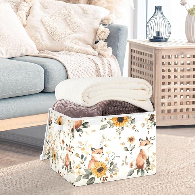Floral Fox Storage Cube Bins Basket with Lid Collapsible Flip-top Fabric with Handle for Home Bedroom Closet Office 16.5×12.6×11.8 in