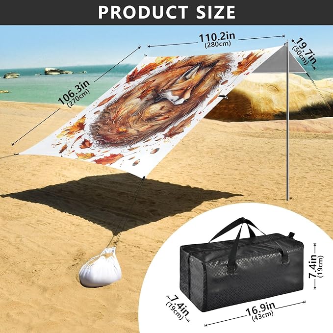 ALAZA Fox Maple Leaves Watercolor Beach Tent Sun Shelter UPF50+ Protection Beach Shade Canopy w/ 4 Sandbags for Outdoor Camping Fishing Backyard Fun Picnic 10x9 ft