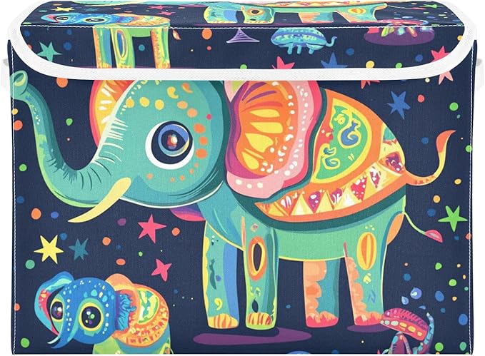 Collapsible Storage Bins with Lids Decorative Fabric Storage Cubes Closet Organizer and Storage Basket Boxes Containers for Clothes Box Chest Nursery Folding Rectangle Elephants Aliens Cartoo