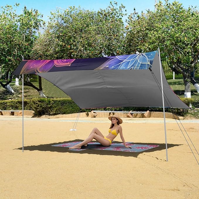 ALAZA Rainbow Mandala Transparent Flowers Beach Tent Sun Shelter UPF50+ Protection Beach Shade Canopy w/ 4 Sandbags for Outdoor Camping Fishing Backyard Fun Picnic 10x9 ft
