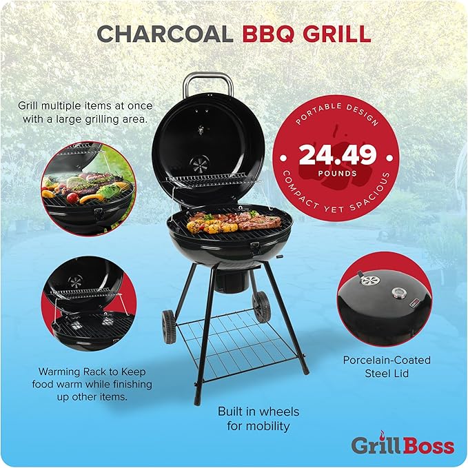 Grill Boss Charcoal Kettle Grill with Large 22-Inch Cooking Area - Includes Warming Rack Bottom Storage Shelf Ash Catcher &amp Wheels for Outdoor BBQ Tailgating Camping &amp Backyard Grilling