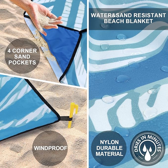 Beach Blanket Waterproof Sandproof Beach Mat 79 X 83/10'x9'for 2-8 Adults Quick Drying Outdoor Picnic Mat Beach Accessories for Travel Camping Hiking