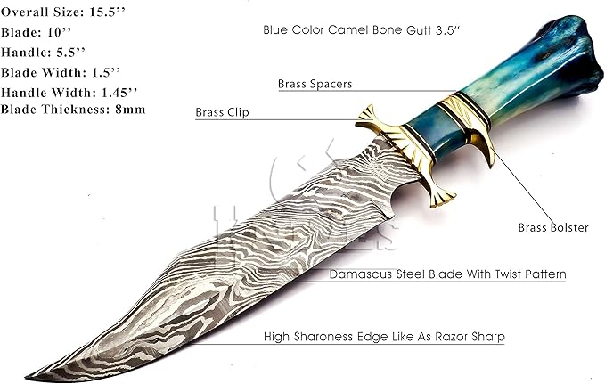 Hand Made Damascus Steel Collectible Bowie Knife Handle Camel Bone (Blue)