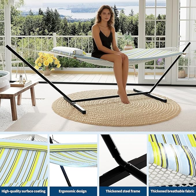 PeakPursuit 2 Person Outdoor Hammock with Stand Two Person Cotton Rope Hammock with Polyester Pad Heavy Duty Hammock with Soft Pillow Balance Ropes for Patio Backyard Garden Beach Blue
