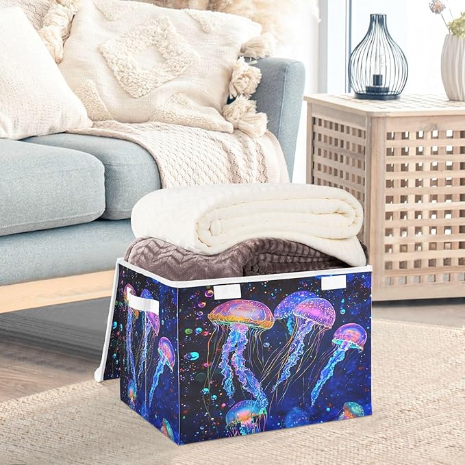 Ocean Jellyfishes Bubbles and Starfishes Collapsible Storage Bins with Lids Decorative Fabric Cubes Closet Organizer Basket Boxes Containers for Clothes Box Chest Folding Rec