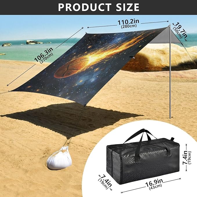 ALAZA Firing Basketball Starry Sky Beach Tent Sun Shelter UPF50+ Protection Beach Shade Canopy w/ 4 Sandbags for Outdoor Camping Fishing Backyard Fun Picnic 10x9 ft
