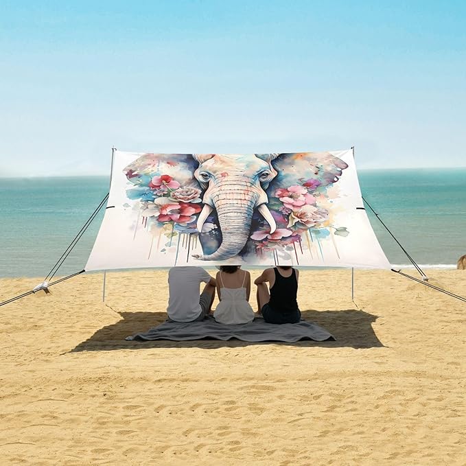 ALAZA Elephant Flowers Beach Tent Sun Shelter UPF50+ Protection Beach Shade Canopy w/ 4 Sandbags for Outdoor Camping Fishing Backyard Fun Picnic 10x9 ft