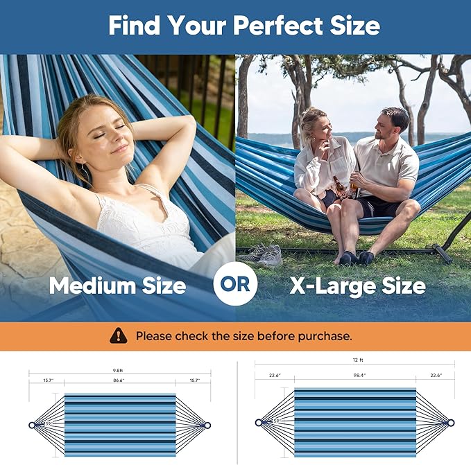 SUNCREAT Hammocks Outdoor Camping Double Hammock Extra Large 2 Person Hammock for Camping Blue Stripes