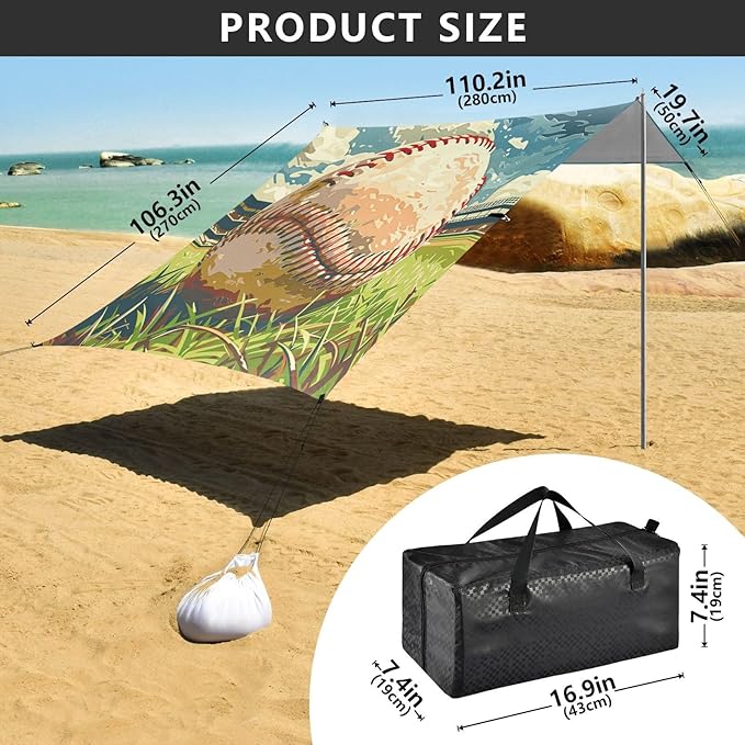 ALAZA Baseball Anime Beach Tent Sun Shelter UPF50+ Protection Beach Shade Canopy w/ 4 Sandbags for Outdoor Camping Fishing Backyard Fun Picnic 10x9 ft