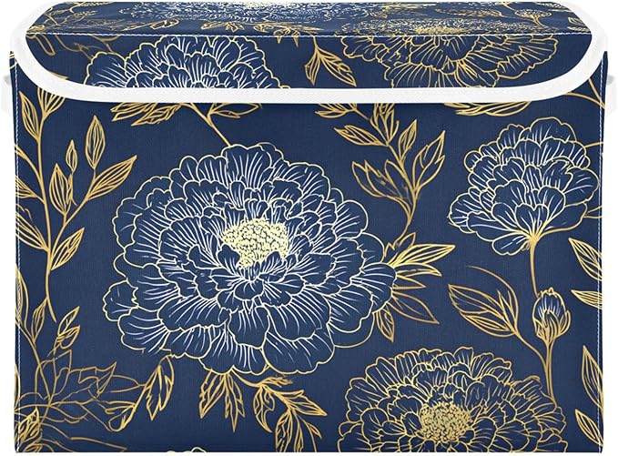 susiyo Large Foldable Storage Bin with Flip-Top Lid Dark Blue Gold Marigold Storage Box Collapsible Closet Organizer Containers Boxes Decorative Baskets with Handles for Home Bedroom Living Room Offi