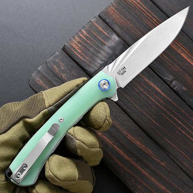 Sitivien ST144 Folding Knife14C28N Steel BladeG10 Handle Pocket Knife for Outdoor EDC CampingSurvivalHikingFishing(Jade)