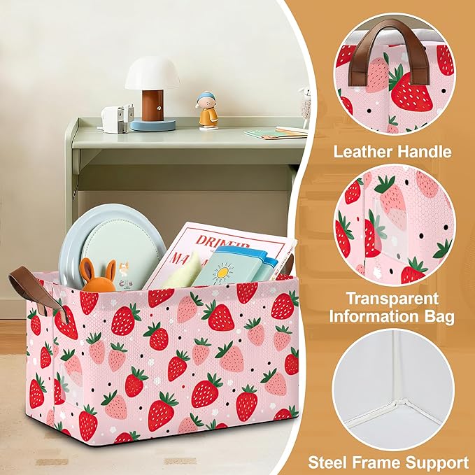 Storage Bin with Handles Cute Strawberry Collapsible Laundry Baskets for Books Laundry - Use in Nursery Closet Organizers and Storage Blanket Basket