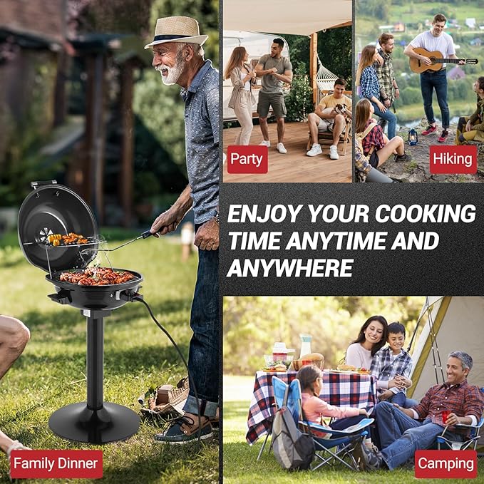 Outvita Indoor/Outdoor Electric Grill 1600W Portable Removable Stand Grill with Double Layer Design for BBQ Patio &amp Backyard (Black)