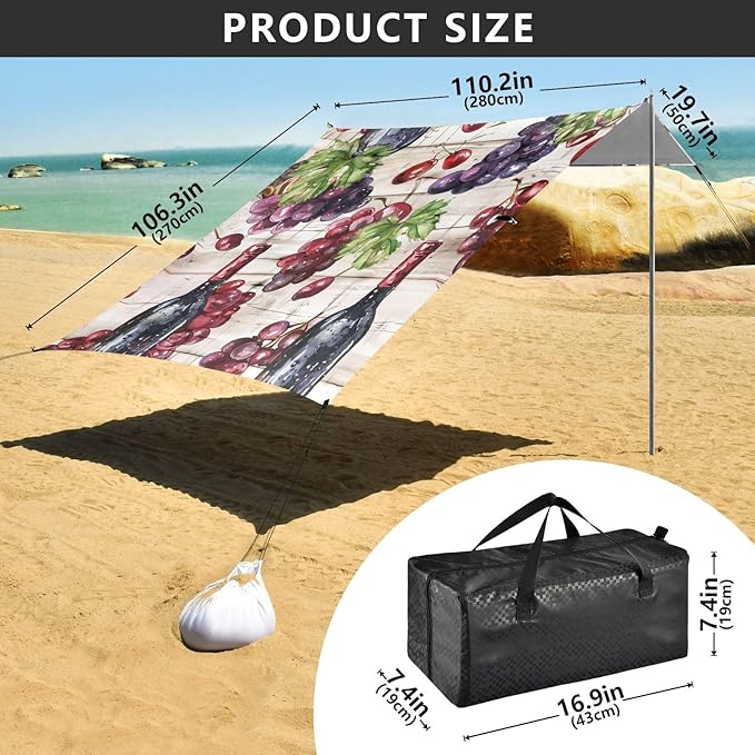ALAZA Watercolor Red Wine Bottle Grapes Wooden Beach Tent Sun Shelter Portable Canopy Sunshade for Outdoor Camping Picnics Backyard Fun 10x9 ft