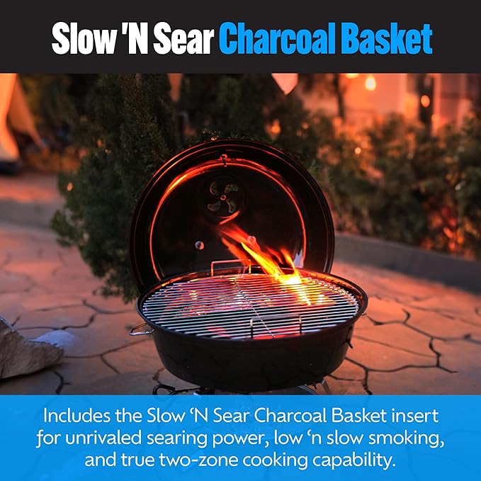 SnS Grills Slow ‘N Sear Travel Kettle 2-Zone Cook Charcoal Basket and Easy Spin 18” Grate - Portable Charcoal Grill for BBQ Cooking - Travel Kettle 18”