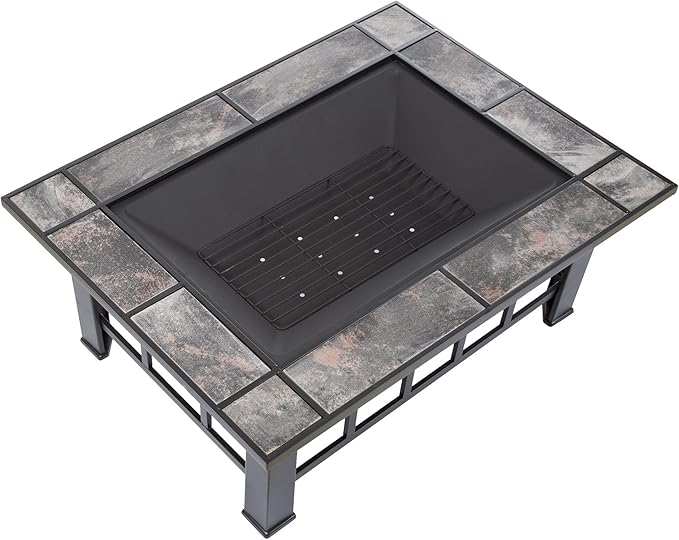 Fire Pit Set Wood Burning Pit -Includes Screen Cover and Log Poker- Great for Outdoor and Patio 37” Marble Tile Rectangular Firepit by Pure Garden