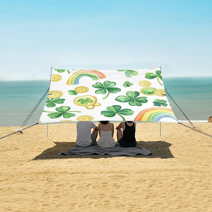 ALAZA St Patrick Day Clover Rainbow Coins Beach Tent Sun Shelter Portable Canopy Sunshade for Outdoor Camping Picnics Backyard Fun 10x9 ft