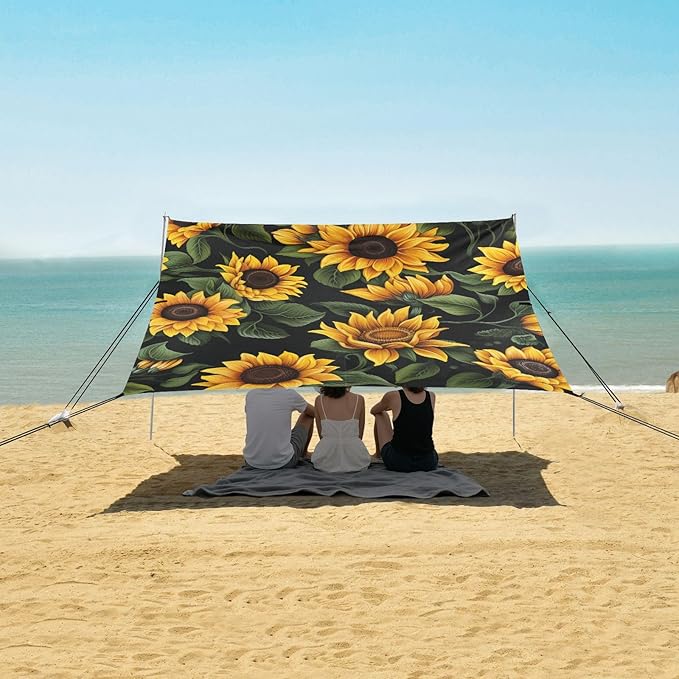 ALAZA Sunflowers on A Black Beach Tent Sun Shelter Portable Canopy Sunshade for Outdoor Camping Picnics Backyard Fun 10x9 ft