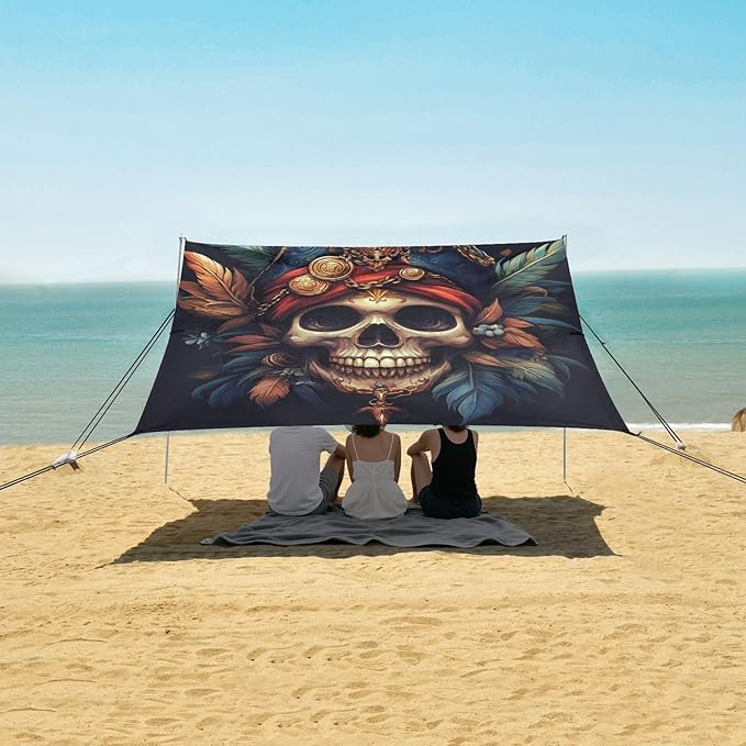 ALAZA Pirate Skull Treasure with Leaves Beach Tent Sun Shelter Portable Canopy Sunshade for Outdoor Camping Picnics Backyard Fun 10x9 ft