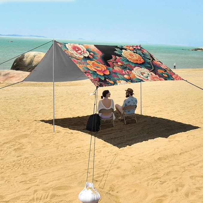 Black Cat and Japanese Flowers Beach Tent Sun Shelter Set UPF50+ UV Protection 10.5 x 9.19 FT Camping Shade Canopy with Sandbags Sand Anchors Carrying Bag and Others