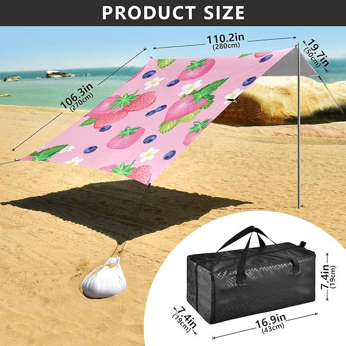 Beach Canopy with Windproof Ropes &amp Sandbags Beach Tent Sun Shade Sun Shelter for Camping Trips Fishing Backyard Fun or Picnics Strawberry