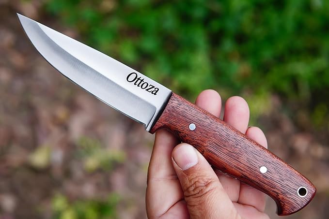 Ottoza Full Tang Bushcraft Knife with 1095 Carbon Steel Fixed Blade - Survival and Outdoor Camping Knife - Ballad Wood Handle Brown Leather Sheath 404