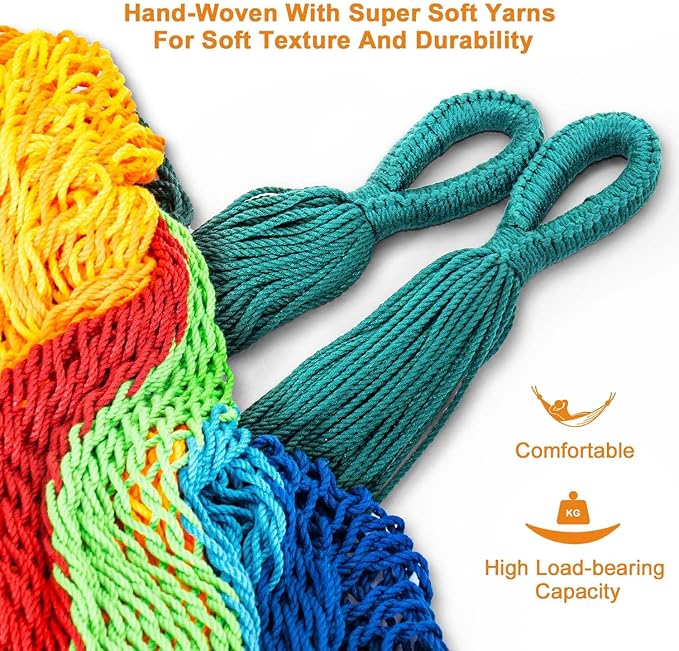 Lazy Daze Hammocks Handwoven Mayan Hammock 10.5 FT Soft Rope Double Hammocks Portable Outdoor Hammock with Carry Bag 2 Straps &amp Carabiners for Patio Outside 550 lbs Weight Capacity Multi Colo