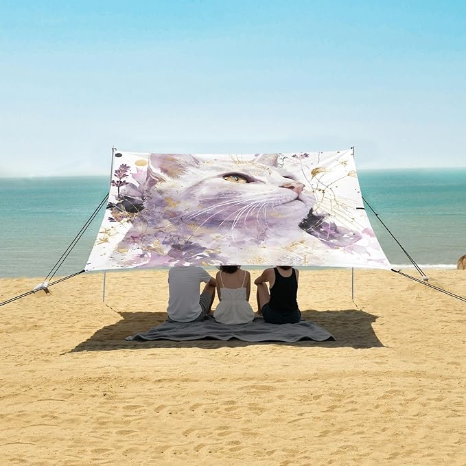 ALAZA Purple Flowers White Cat Beach Tent Sun Shelter Portable Canopy Sunshade for Outdoor Camping Picnics Backyard Fun 10x9 ft